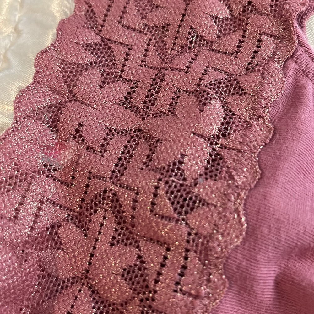 PINK cotton thong panties with a lace waistband